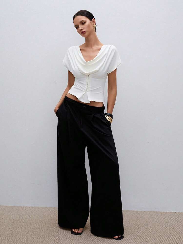 Women's Elegant Elegant Solid Color Draped Collar Button-Up Fitted Blouse, Summer | SHEIN