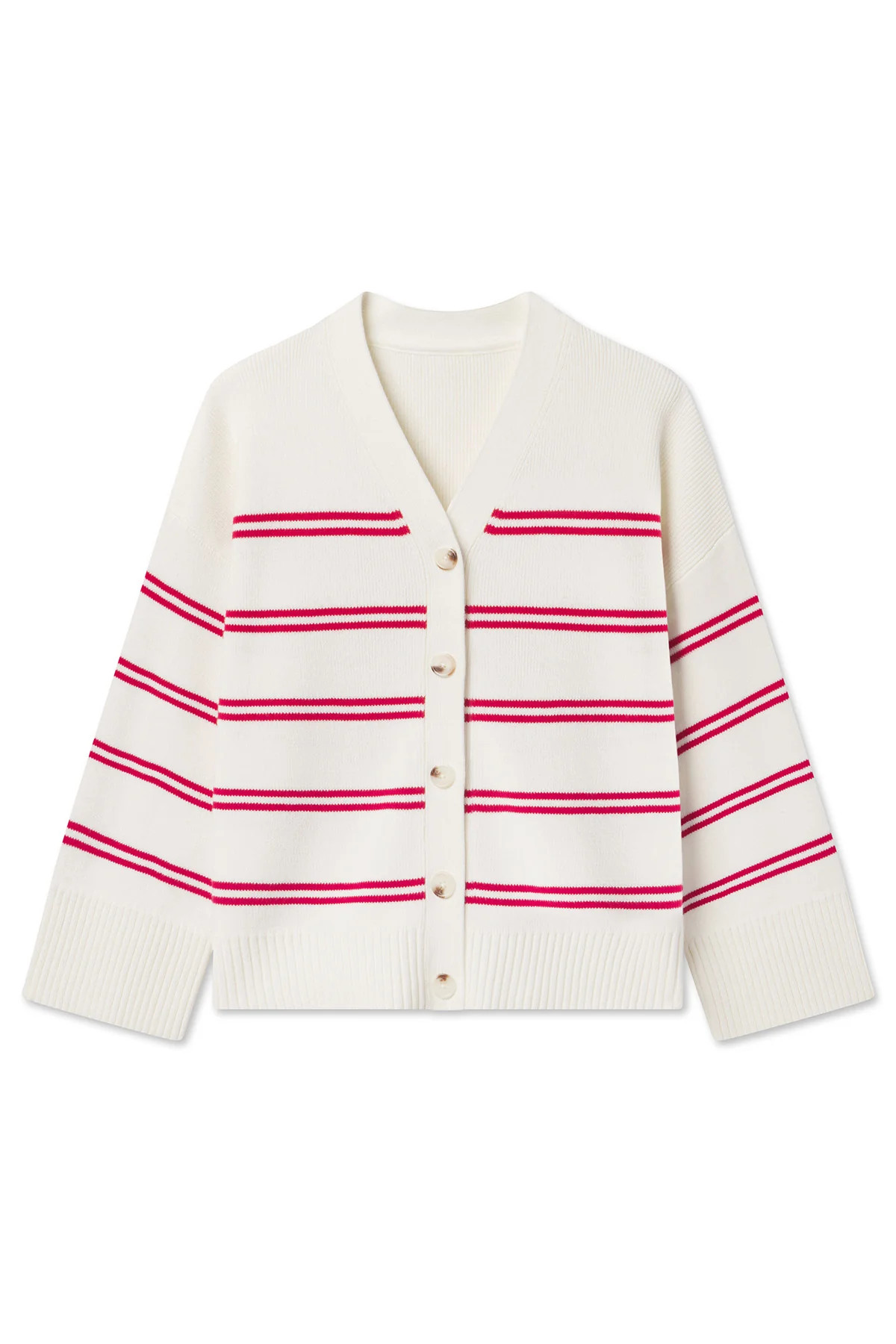 Nora Cotton Cardigan in Ivory Red Stripe | Lake Pajamas