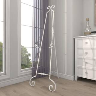 Litton Lane 61 in. White Metal Large Adjustable Display Stand Floor 3 Tier Scroll Easel with Chai... | The Home Depot