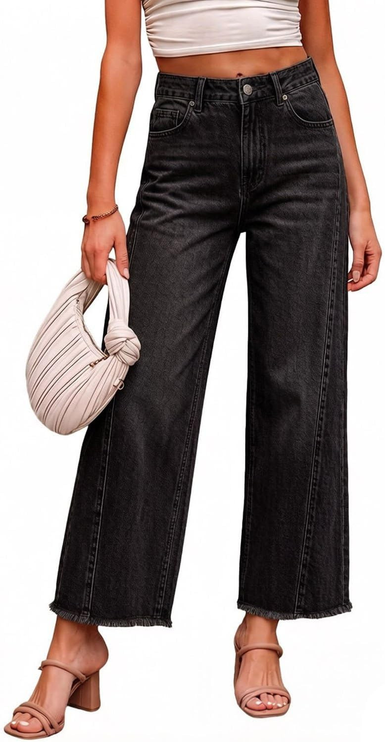 CHARTOU Women High Waisted Wide Leg Jeans Casual Stretchy Raw Hem Cropped Denim Pants | Amazon (US)
