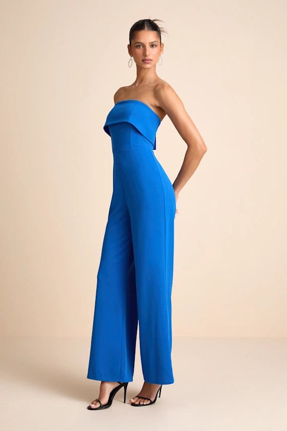 Carmo Blue Strapless Straight Leg Jumpsuit | Lulus