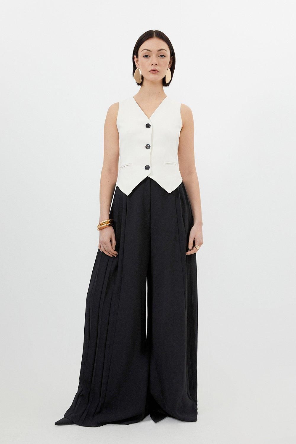 Tailored Crepe Waistcoat Wide Leg Pleated Panel Jumpsuit | Karen Millen UK + IE + DE + NL