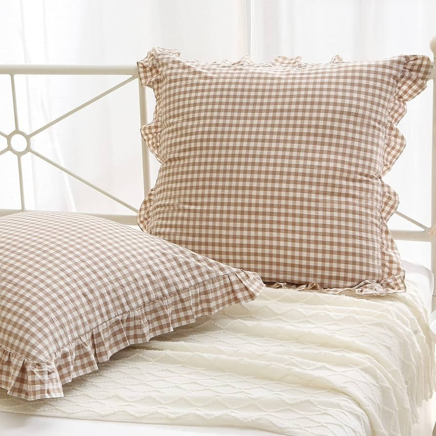 2 Pack Taupe White Plaid Ruffle Square Euro Pillow Shams, 100% Washed Cotton Gingham Camel Brown ... | Amazon (US)