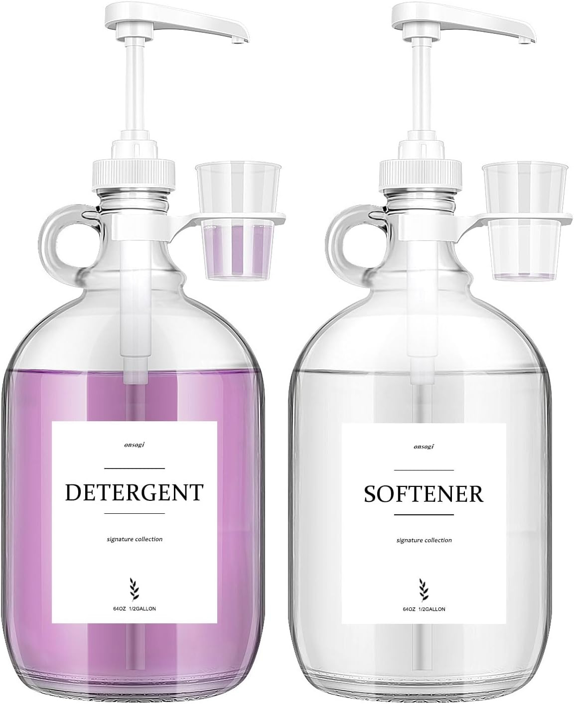 2 Pcs Glass Liquid Laundry Detergent Dispenser with Cup Holders, Half Gallon Dispenser for Laundry Room (64 oz. Each), Laundry Detergent Bottles with Pump Dispenser -Includes Labels, Measuring Cups | Amazon (US)