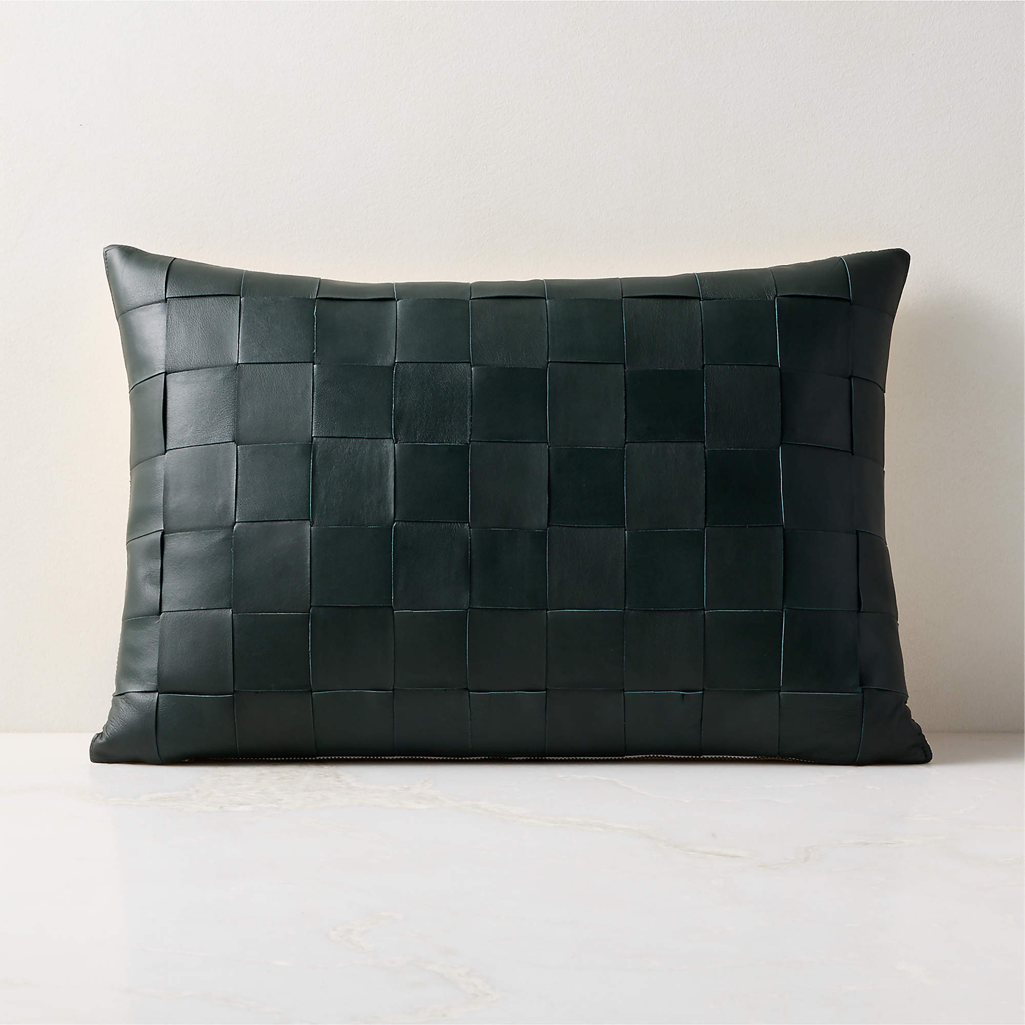 Dutton Handwoven Dark Green Leather Lumbar Pillow Cover 22"x15" + Reviews | CB2 | CB2