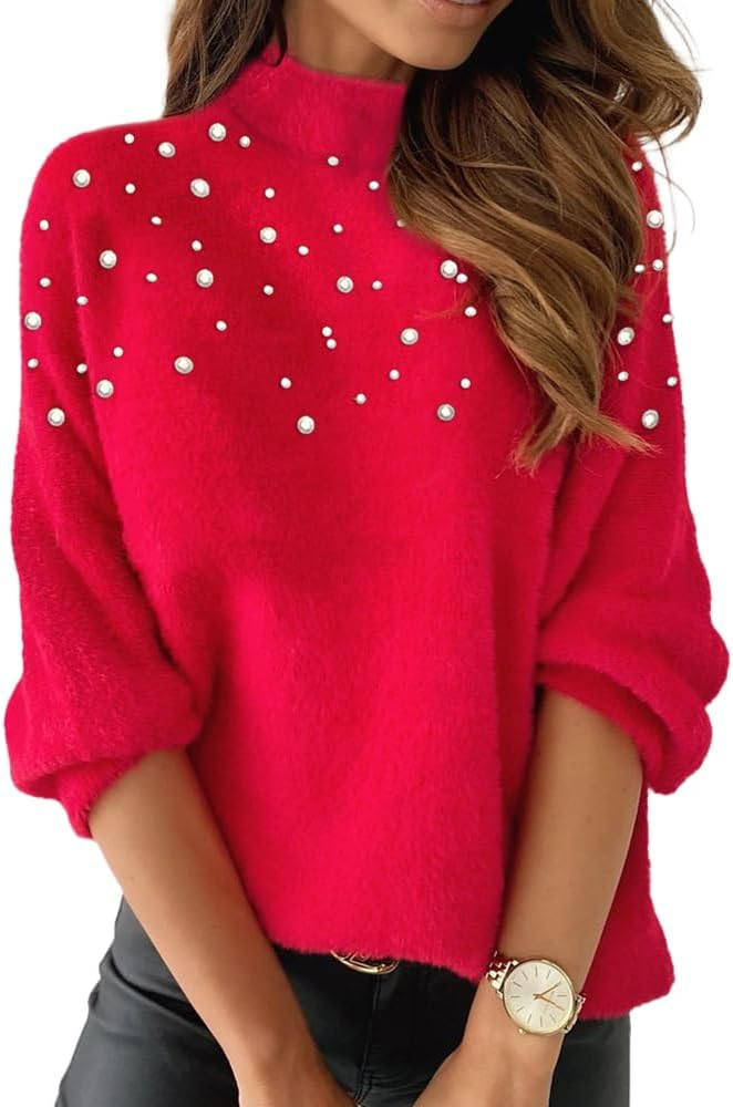 Womens Mock Turtleneck Pearl Sweater Fuzzy Long Sleeve Bead Fluffy Pullover Jumper Tops Trendy | Amazon (US)