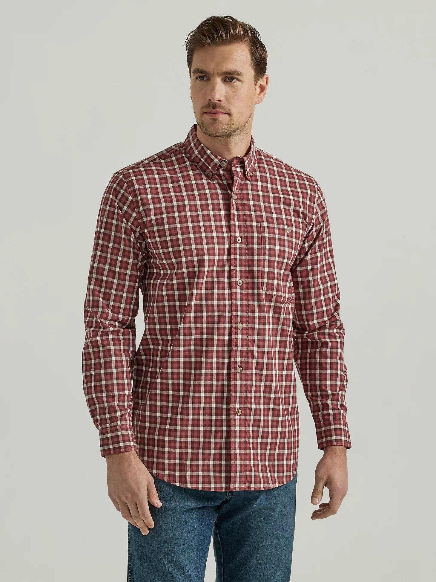 Wrangler Rugged Wear® Long Sleeve Wrinkle Resist Plaid Button-Down Shirt in Brick Check | Wrangler