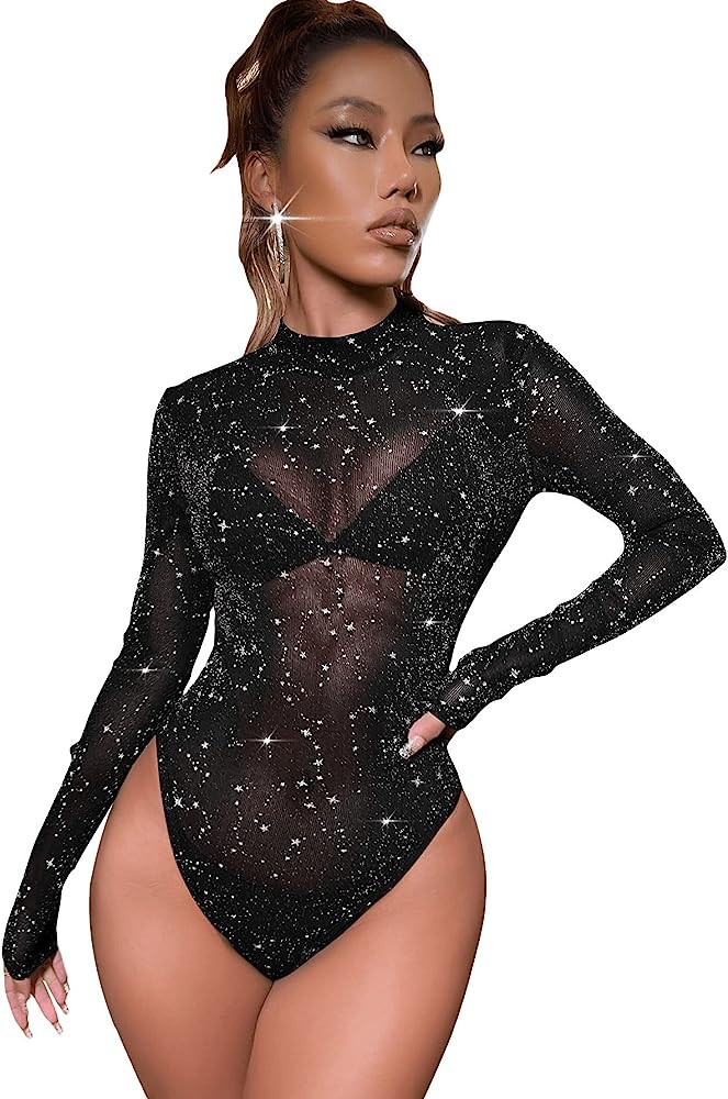 SweatyRocks Women's Mock Neck Leopard Long Sleeve Mesh Bodysuit Leotard | Amazon (US)