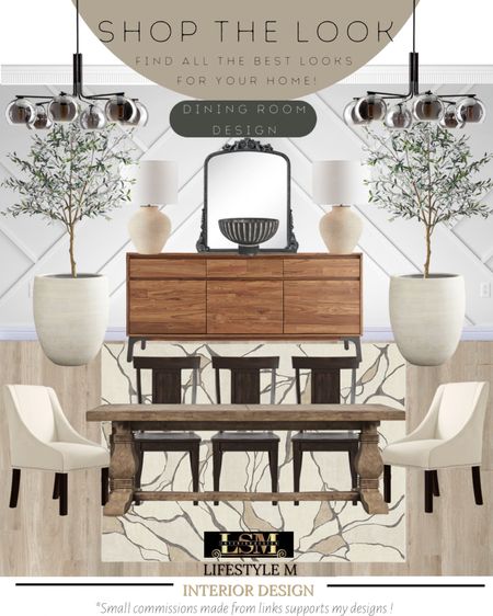 Modern farmhouse, transitional dining room idea. Wood dining table, white upholstered dining chair, black wood dining chair, wood buffet console table, modern rug, white terracotta tree planter pot, realistic faux fake tree, beige table lamp, black decor bowl, black decorative mirror, modern glass chandelier.

#LTKFind #LTKstyletip #LTKhome