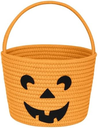 Halloween Pumpkin Basket for Kids, Trick or Treat Candy Bucket, Small Woven Boo Spooky Ghost Bask... | Amazon (US)
