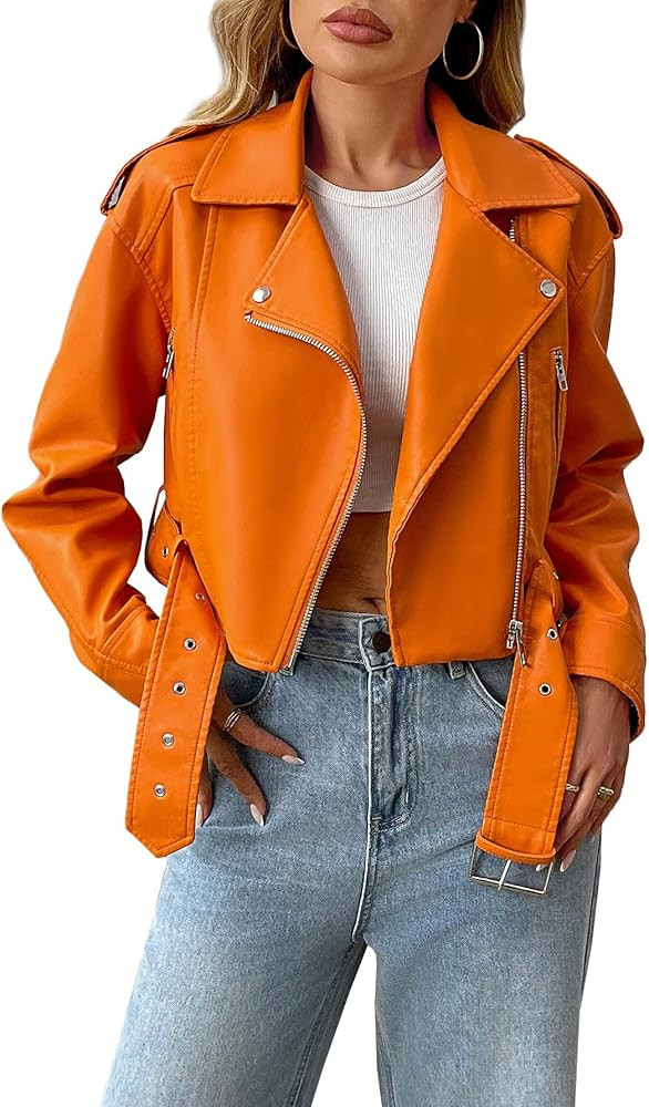 LY VAREY LIN Women Faux Leather Cropped Jacket Vegan Motor Biker Coat with Belt | Amazon (US)