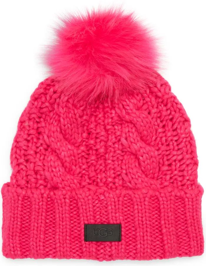 UGG® Cable Knit Beanie with Faux Fur Pom | Nordstrom | Nordstrom