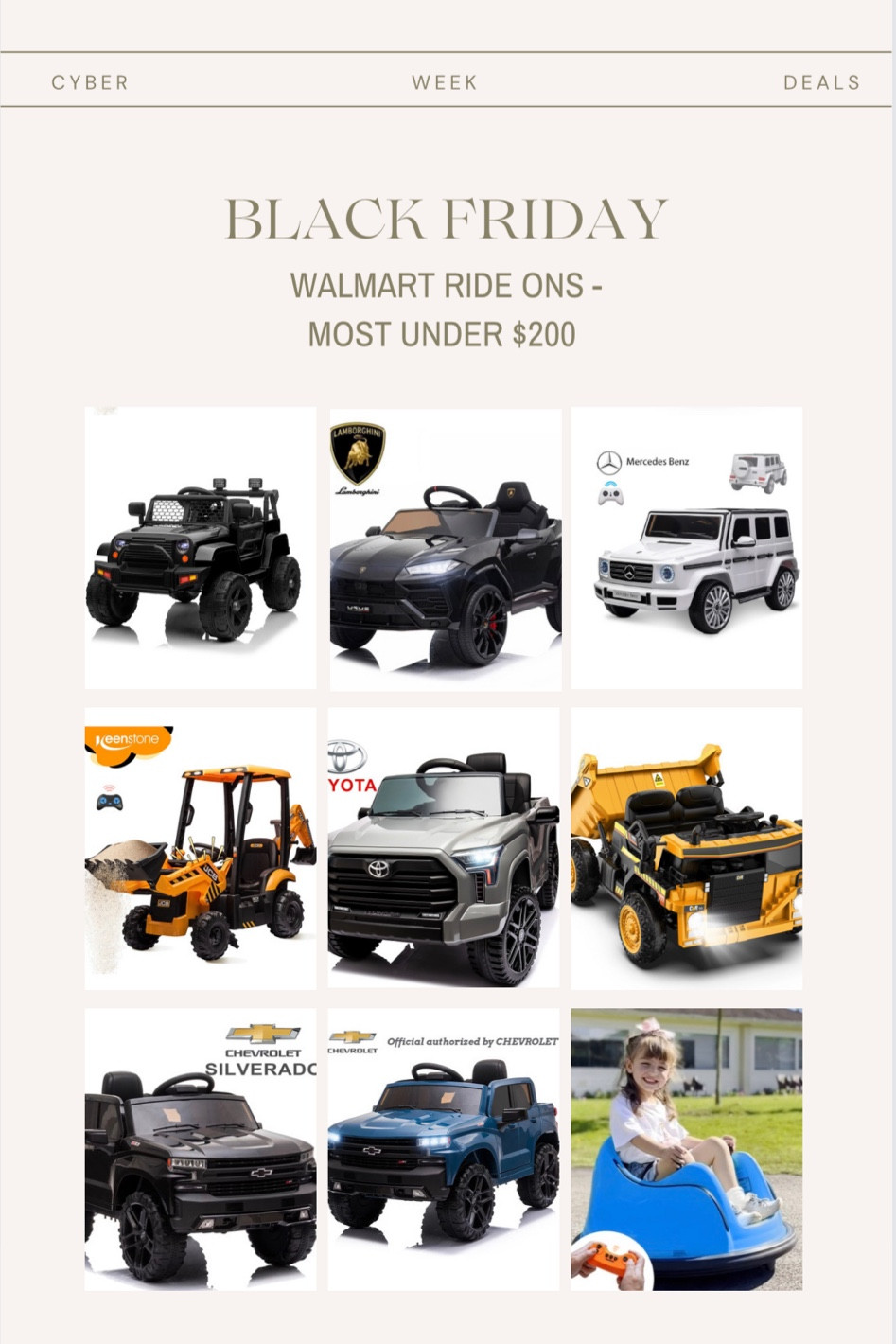 Kids ride ons on sale at Walmart for Black Friday! Most under $200 

#LTKCyberWeek #LTKGiftGuide #LTKHoliday