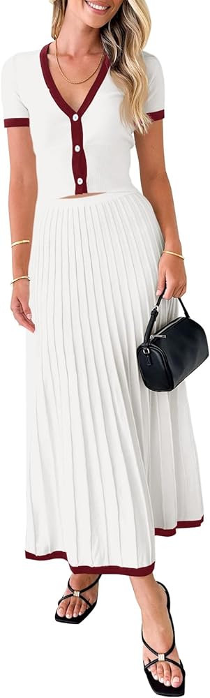 Imily Bela Womens 2 Piece Sweater Outfits Sets Short Sleeve V Neck Crop Top Knit Midi Long Pleate... | Amazon (US)