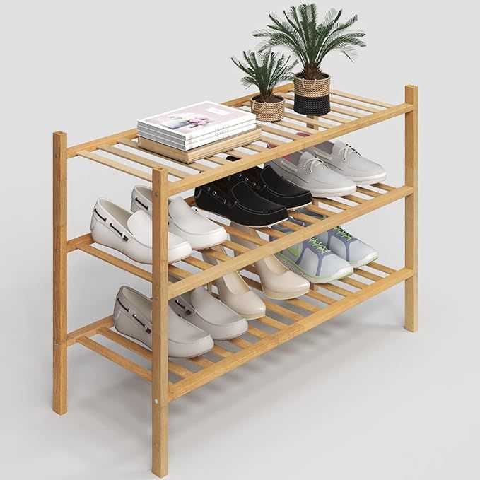 Z&L HOUSE 3-Tier Bamboo Shoe Rack, Stackable, 27"W x 11"D x 19"H, 3-4 Pairs of Shoes | Amazon (US)
