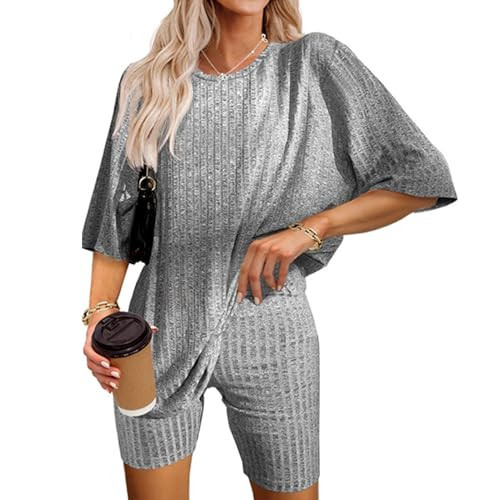Bestshow Ribbed Knit 2 Piece Lounge Sets Short Matching Outfits Loungewear Pajamas Sleepwear Sweatsuit Tracksuit Grey | Amazon (US)