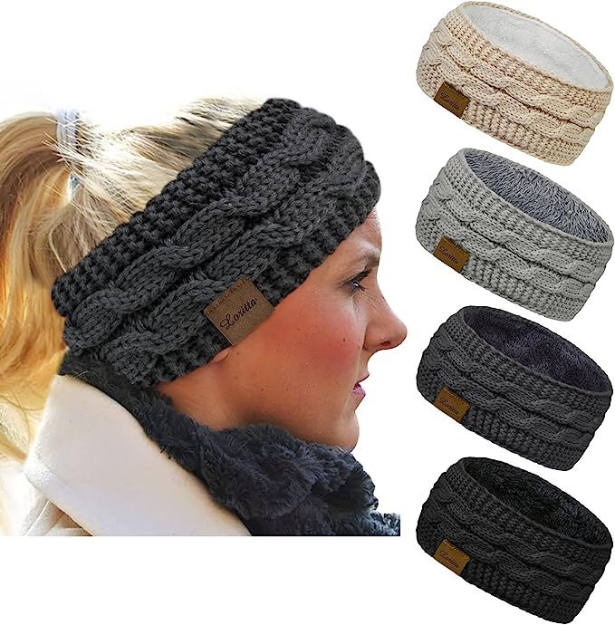 Loritta 4 Pack Womens Winter Headbands Fuzzy Fleece Lined Ear Warmer Cable Knit Thick Warm Croche... | Amazon (US)