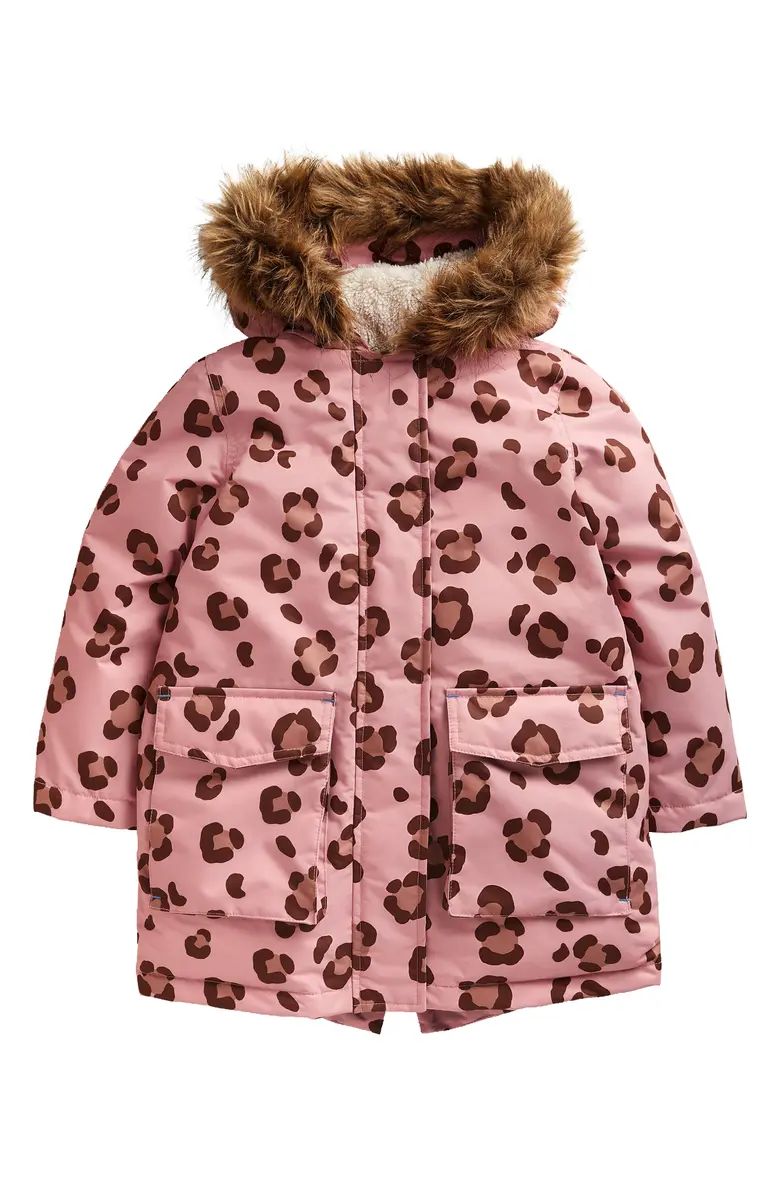 Mini Boden Kid's Animal Print Hooded Waterproof Parka with Faux Fur Trim | Nordstrom | Nordstrom