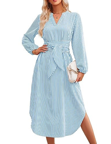 Ckikiou Long Sleeve Striped Business Casual Dress for Women V Neck Belted Tie Waist Elegant Work Long Shirt Dresses Blue | Amazon (US)