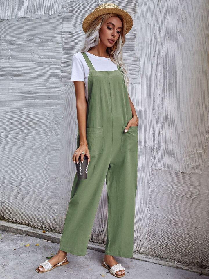 SHEIN VCAY Dual Pocket Solid Overall Jumpsuit Without Tee | SHEIN