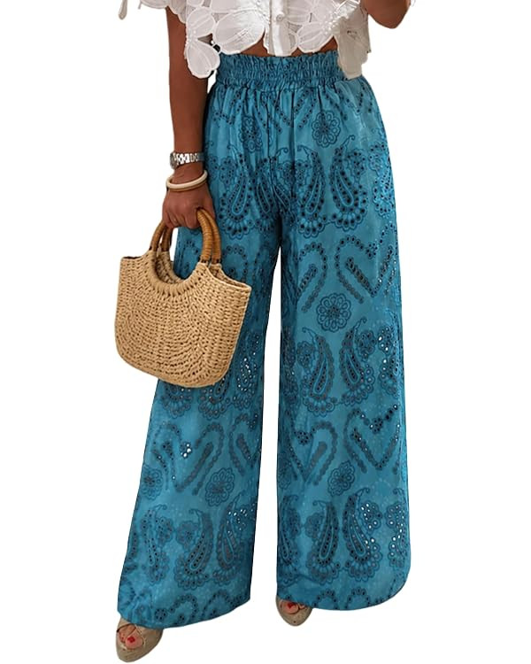 Women Summer Eyelet Wide Leg Beach Vacation Loose Lounge Ladies Pants | Amazon (US)