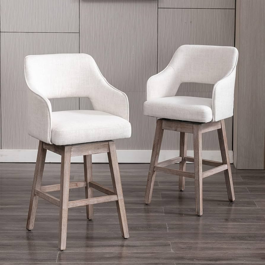 28 inch Counter Height Bar Stools Set of 2 Linen Fabric 360°Swivel Barstools with Back and Wood ... | Amazon (US)