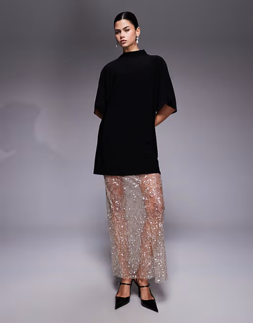 ASOS DESIGN 2 in 1 short sleeve t-shirt and lace sequin skirt maxi dress in champagne | ASOS | ASOS (Global)
