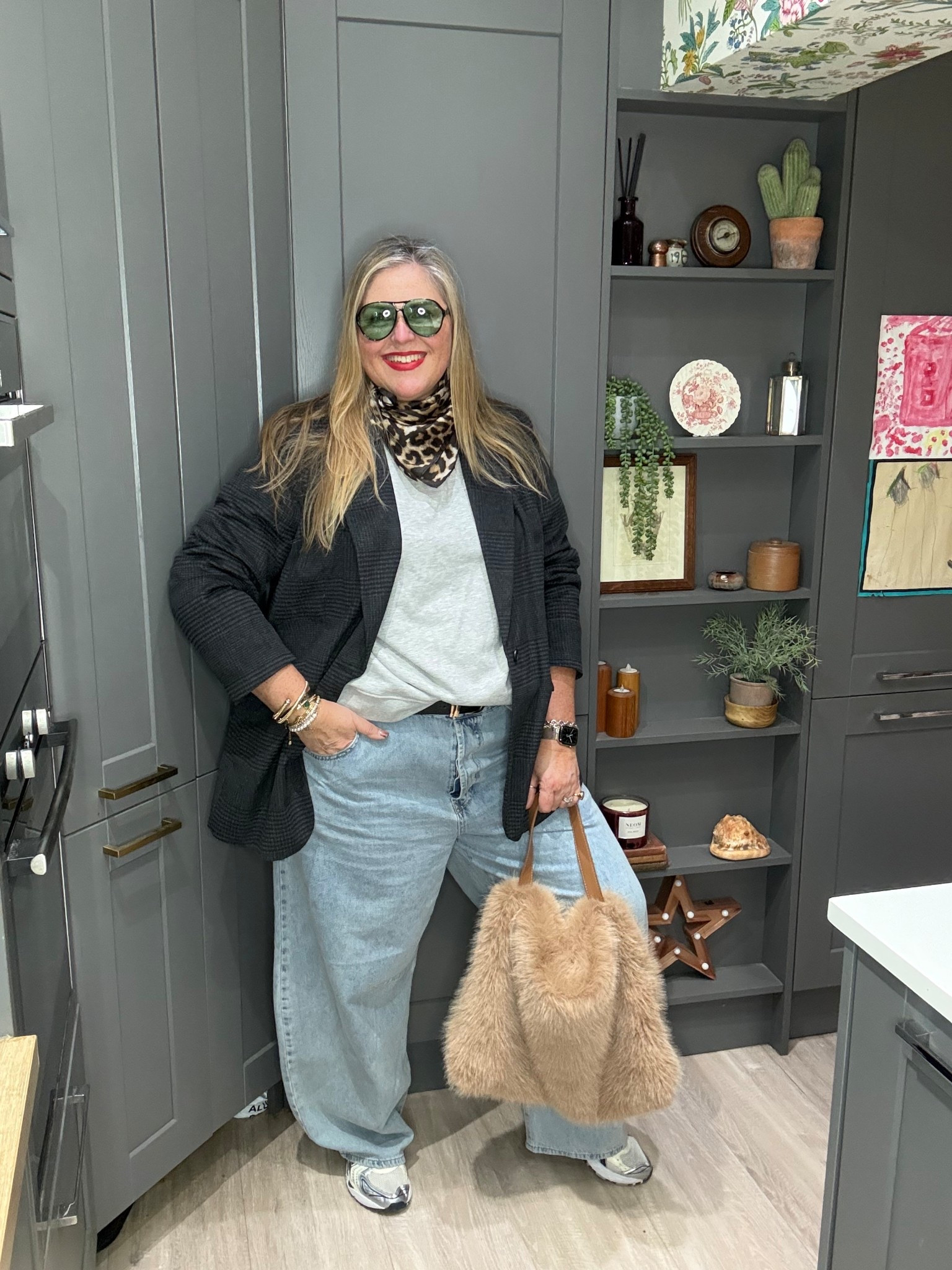 Barrel jeans, blazer, grey sweatshirt, trainers, sunglasses, faux fur bag, neck scarf 

#LTKspring #LTKjeans #LTKplussize