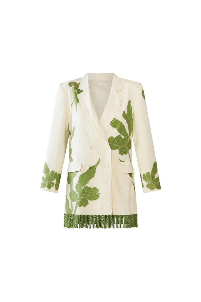 Alex Blazer Dress in Ivory wth Green Appliqué | Over The Moon