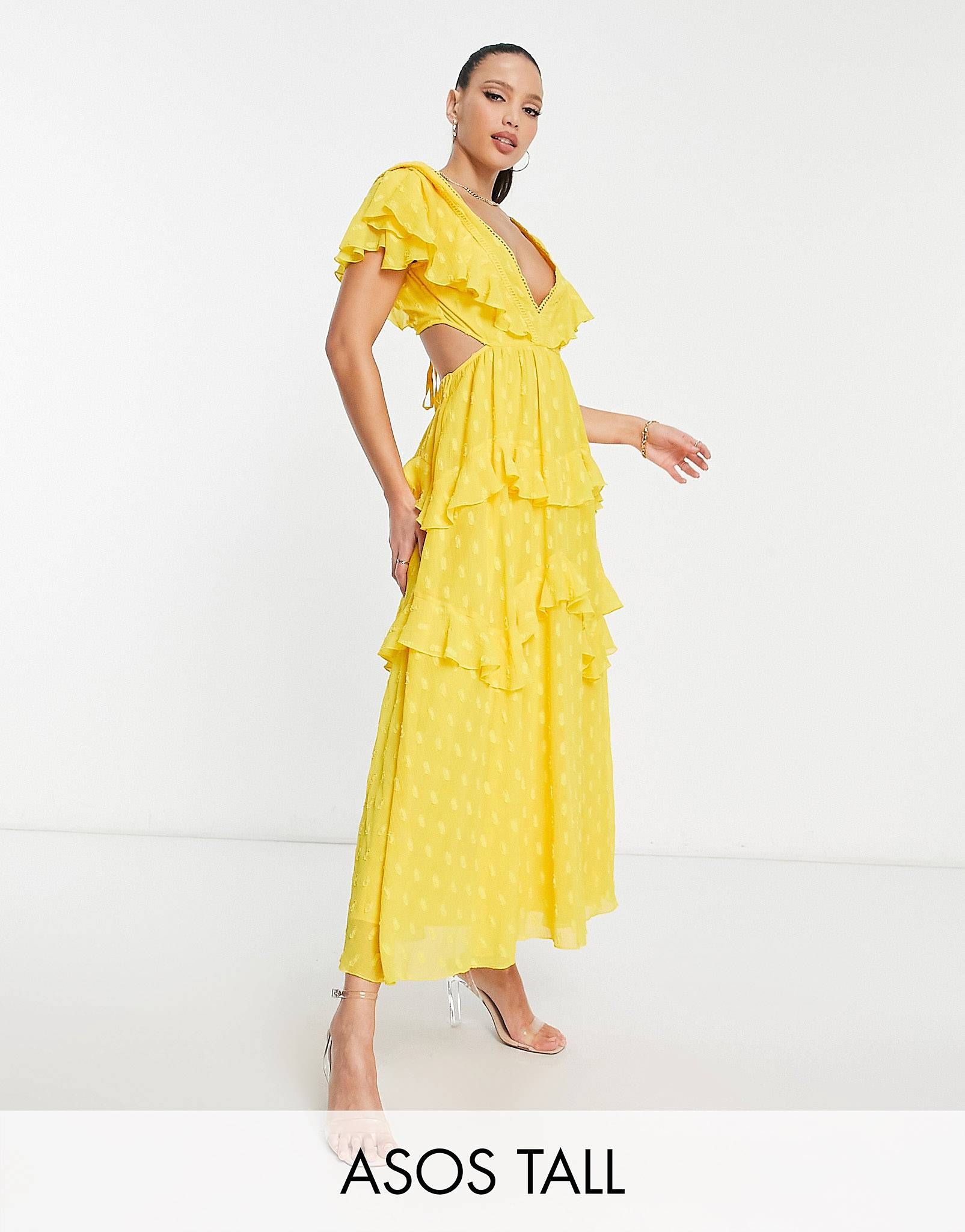 ASOS DESIGN Tall dobby tiered midi dress with lace insert and open back in yellow | ASOS (Global)
