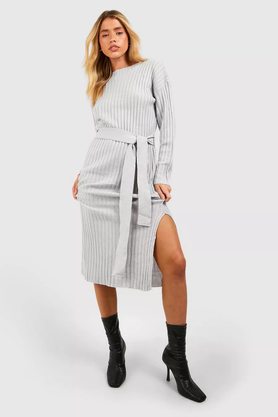Rib Knit Tie Waist Midi Dress | boohoo (US & Canada)