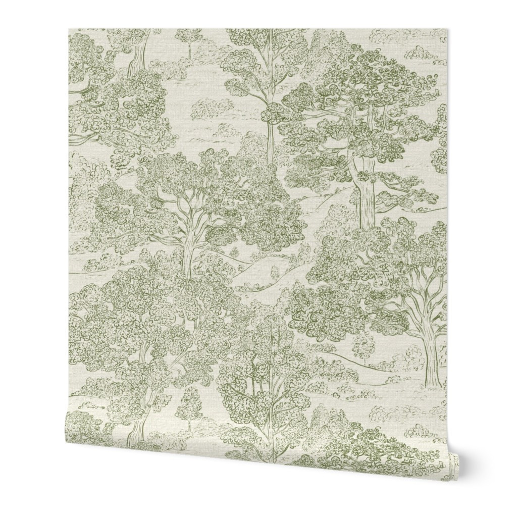 Wallpaper in Trees Toile de jouy Green on off white | Spoonflower