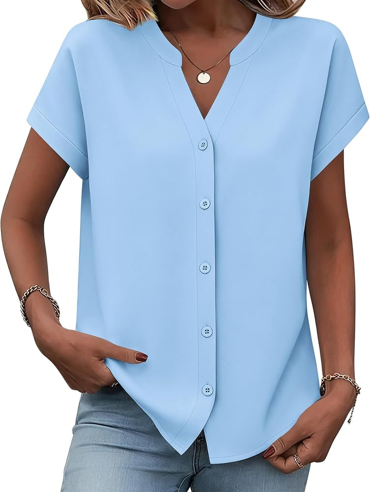 Zeagoo Button Down Shirts for Women Short Sleeve Tops V Neck Collar Blouses Business Casual Outfi... | Amazon (US)