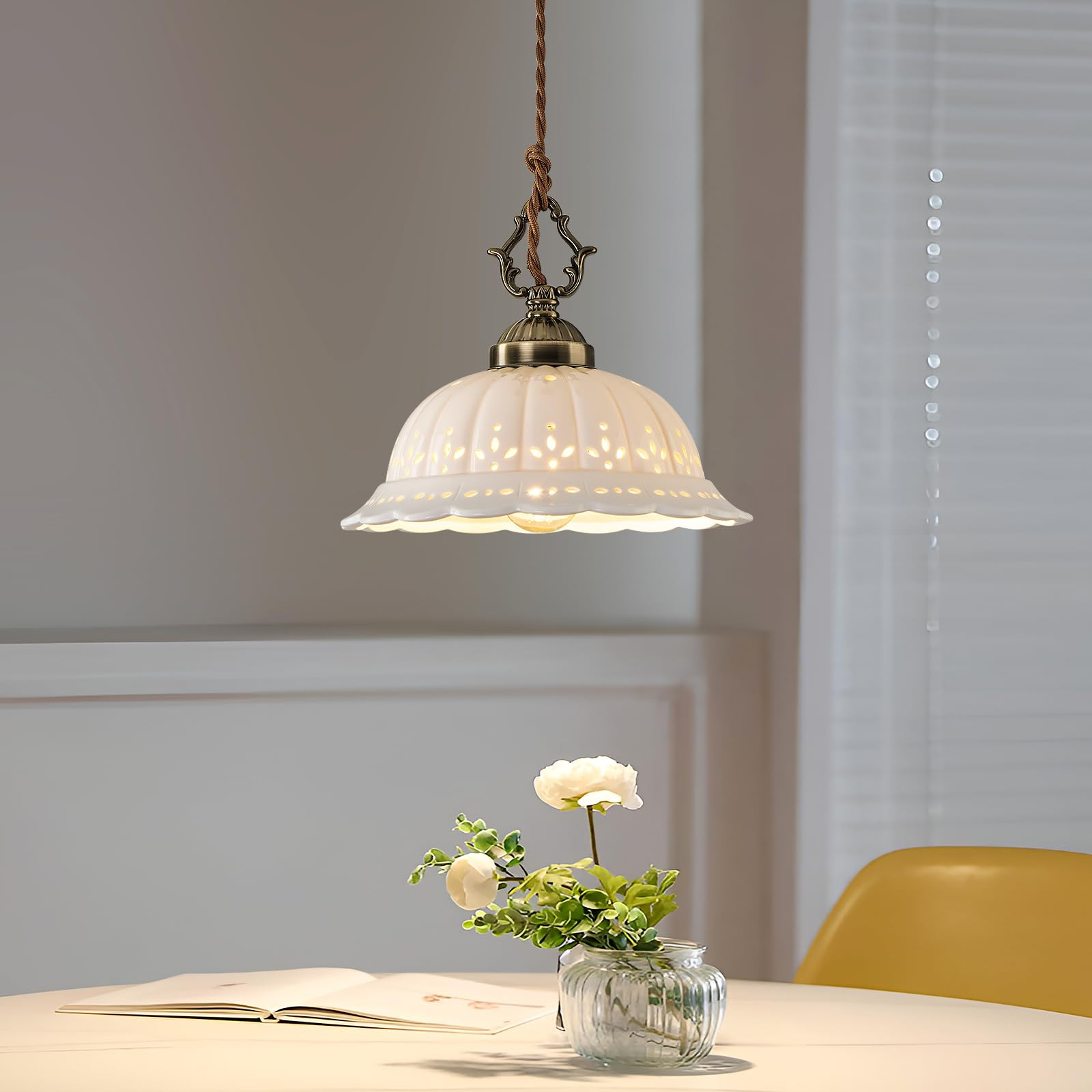 Ceramic Pendant Light 1-Light Adjustable Cord Industrial Ceiling Hanging Light Brass Vintage Chan... | Amazon (US)