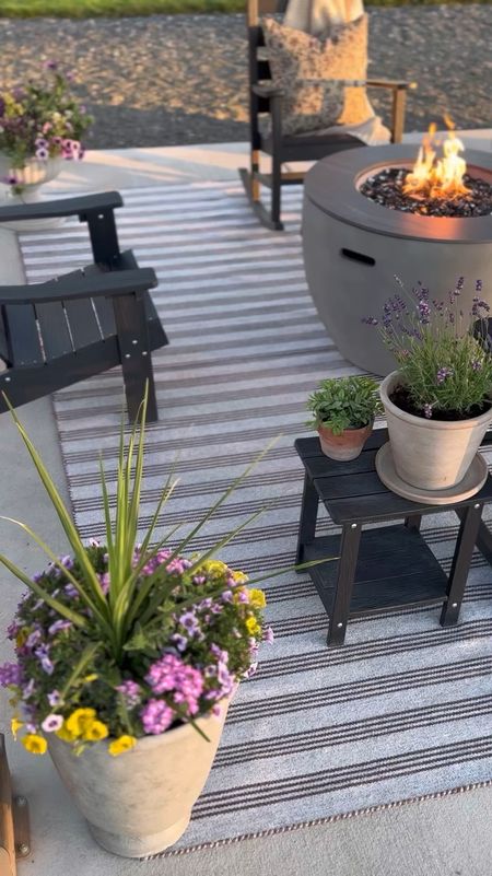 Outdoor living, summer, living, round concrete, fire, pit, striped outdoor rug, Pollywood furniture, patio must have, outdoor planters

#LTKVideo #LTKHome #LTKSummerSales