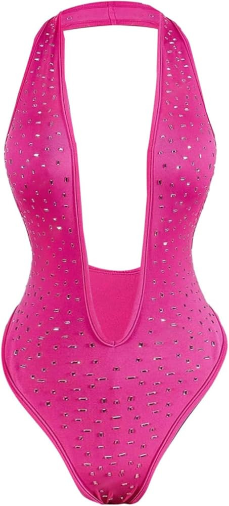 Women's Y2K Rhinestone Bodysuit Sexy Halter Bodysuit Deep V Sleeveless Backless Party Rave Club L... | Amazon (US)