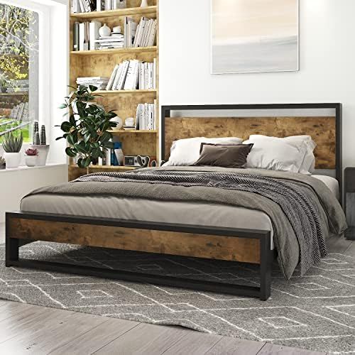 IMUsee Full Size Platform Bed Frame with Wood Headboard and Metal Slats, Rustic Country Style, St... | Amazon (US)