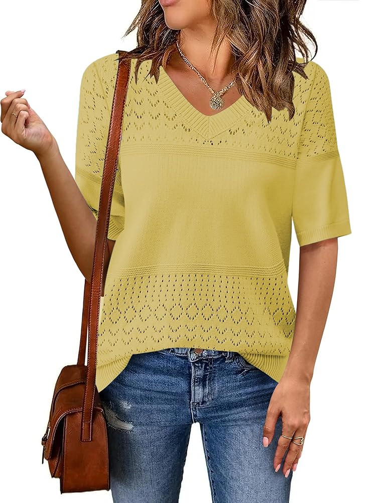 Zeagoo Womens Summer Sweater Casual Short Sleeve Pullover Tops V Neck Lightweight Shirts Ribbed K... | Amazon (US)