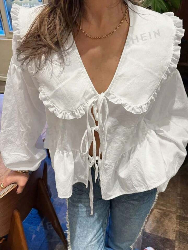 SHEIN Frenchy Statement Collar Knot Front Peplum Blouse | SHEIN USA | SHEIN