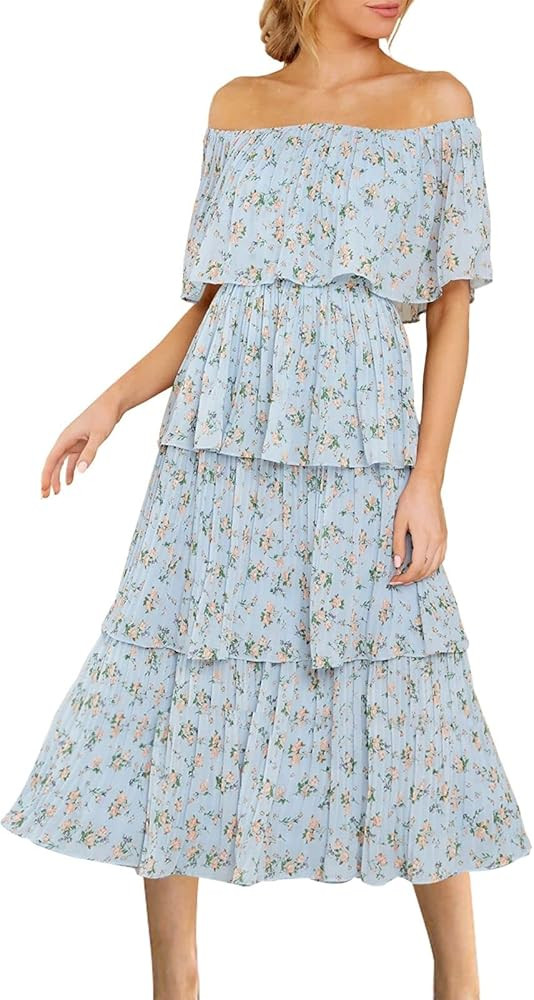 ETCYY Women's Off The Shoulder Ruffles Summer Loose Casual Chiffon Long Party Beach Maxi Dress ... | Amazon (US)