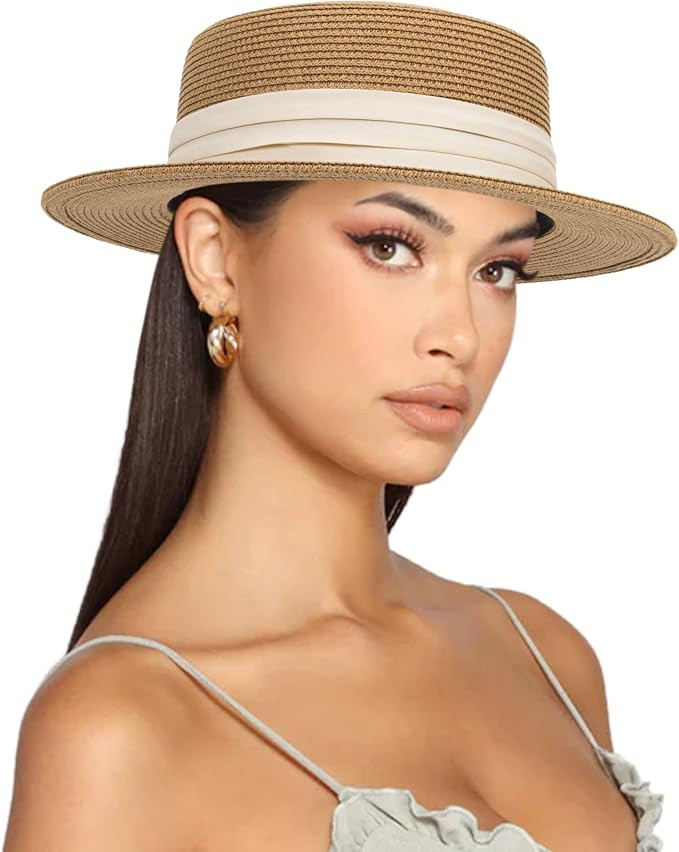 Straw Boater Summer Sun Hat - Wide Brim Fedora Panama Summer Beach Hat for Men Women(Size:Large) | Amazon (US)