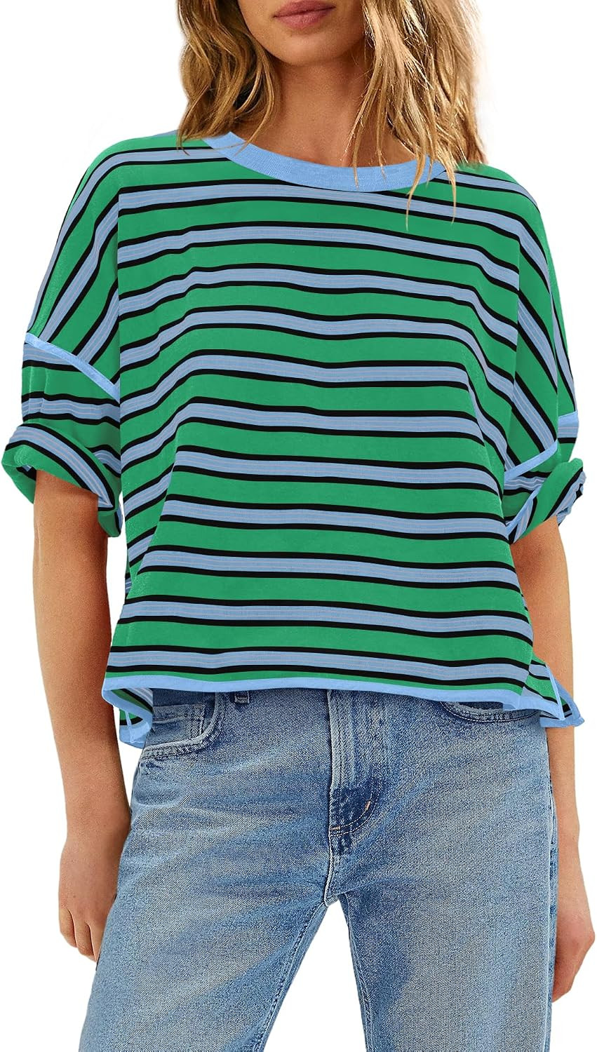 LAMISSCHE Womens Striped T Shirts Short Sleeve Tops Oversized Tee Shirts | Amazon (US)