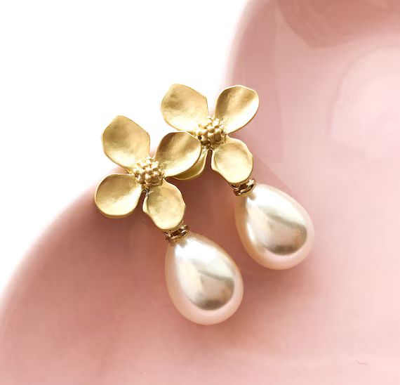 Flower and Pearl Earrings, Gold Pearl Earrings, Pearl Flower Earrings, Bridesmaid Pearl Earrings,... | Etsy (US)