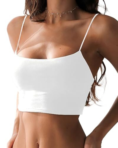 Abasona Women's Sexy Spaghetti Strap Camisole Tank Tops Y2k Tube Slim Fitted Yoga Basic Cami Crop Top White | Amazon (US)