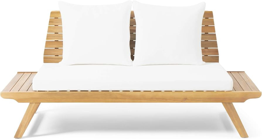 GDFStudio Jessie Outdoor Wooden Loveseat with Cushions, White and Teak Finish | Amazon (US)
