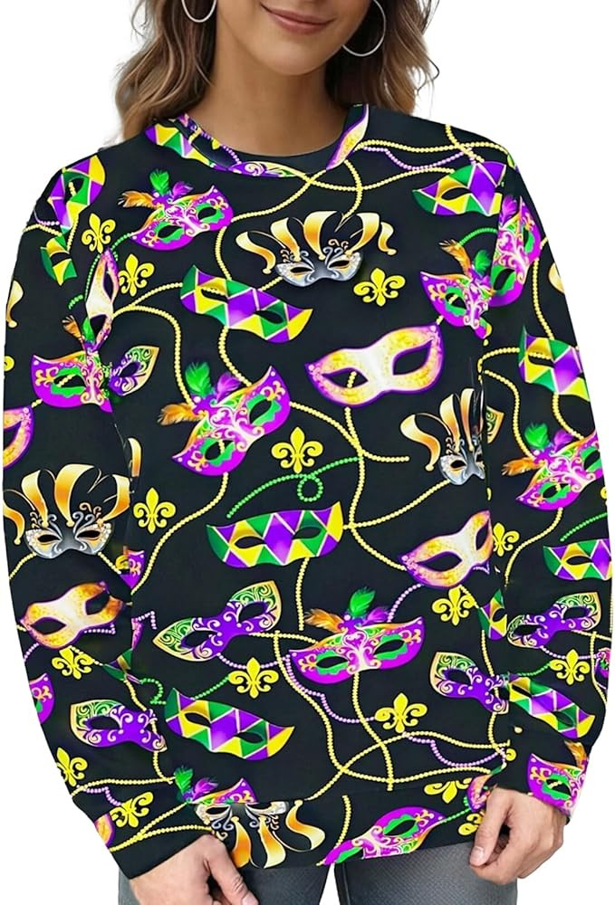 Women's Mardi Gras Sweatshirt Long Sleeve Shirt Mask Purple Gold Green Outfit | Amazon (US)