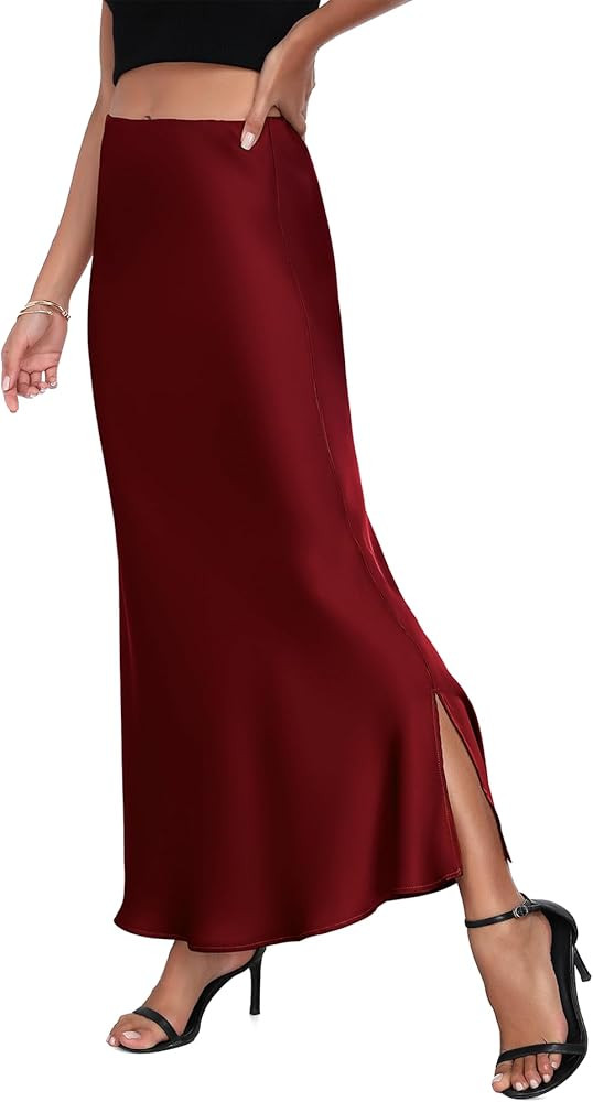 PEIQI 2025 Women's Satin High Waisted Maxi Skirts Summer Fall Silk Cocktail Party Flared Casual A... | Amazon (US)
