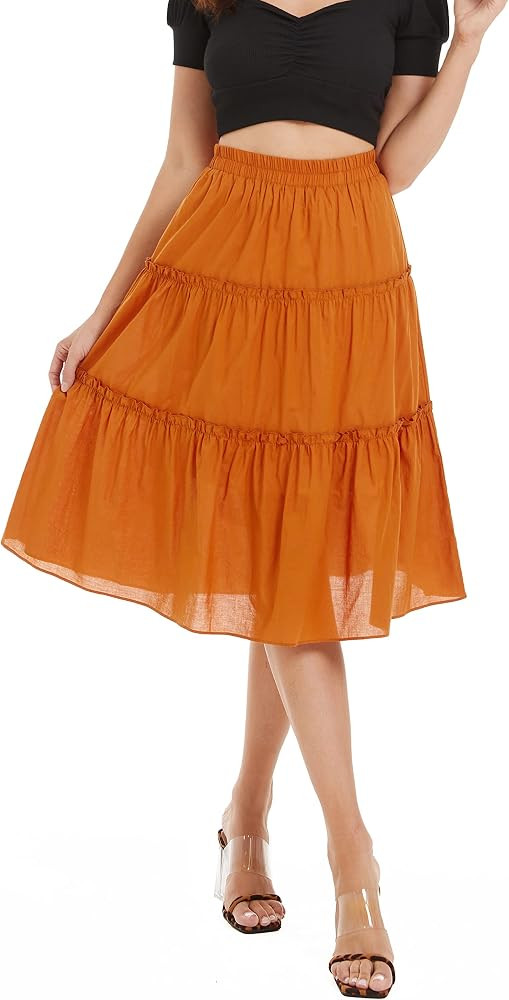 DIASHINY Women's Casual High Waist A-Line Pleated Midi Long Swing Cotton Skirt | Amazon (US)