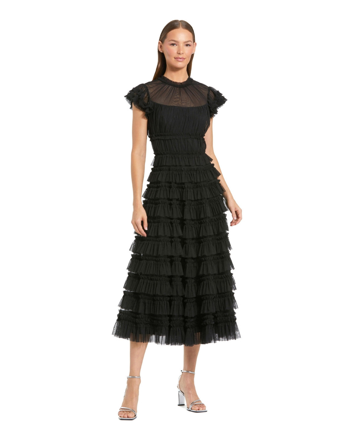 Mac Duggal Women's Solid Mesh Dot Micro Ruffle High Neck Midi Dress - Black | Macy's