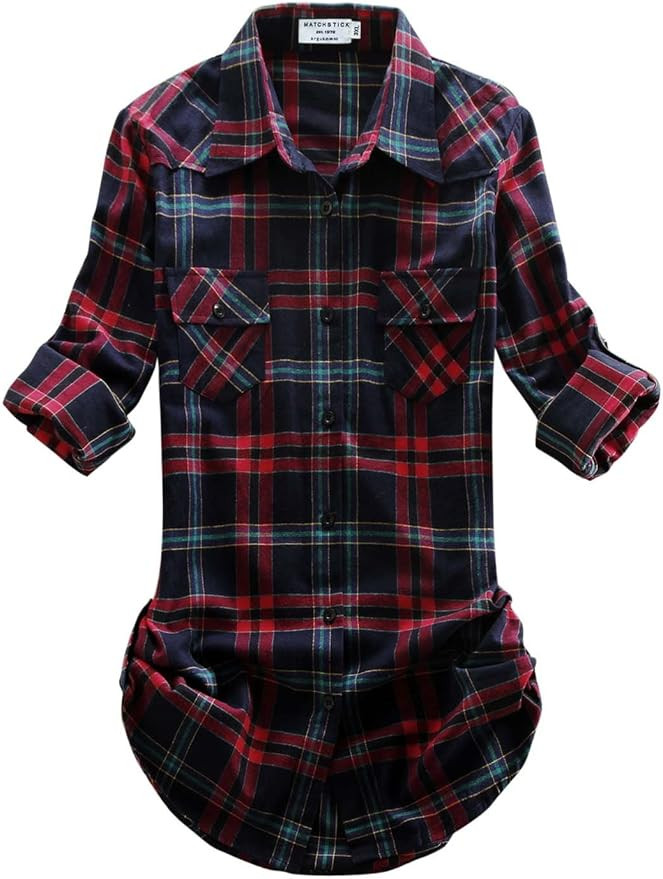 Match Womens Button Down Flannel Plaid Shirts roll up Long Sleeve Shackets Business Blouse Top | Amazon (US)